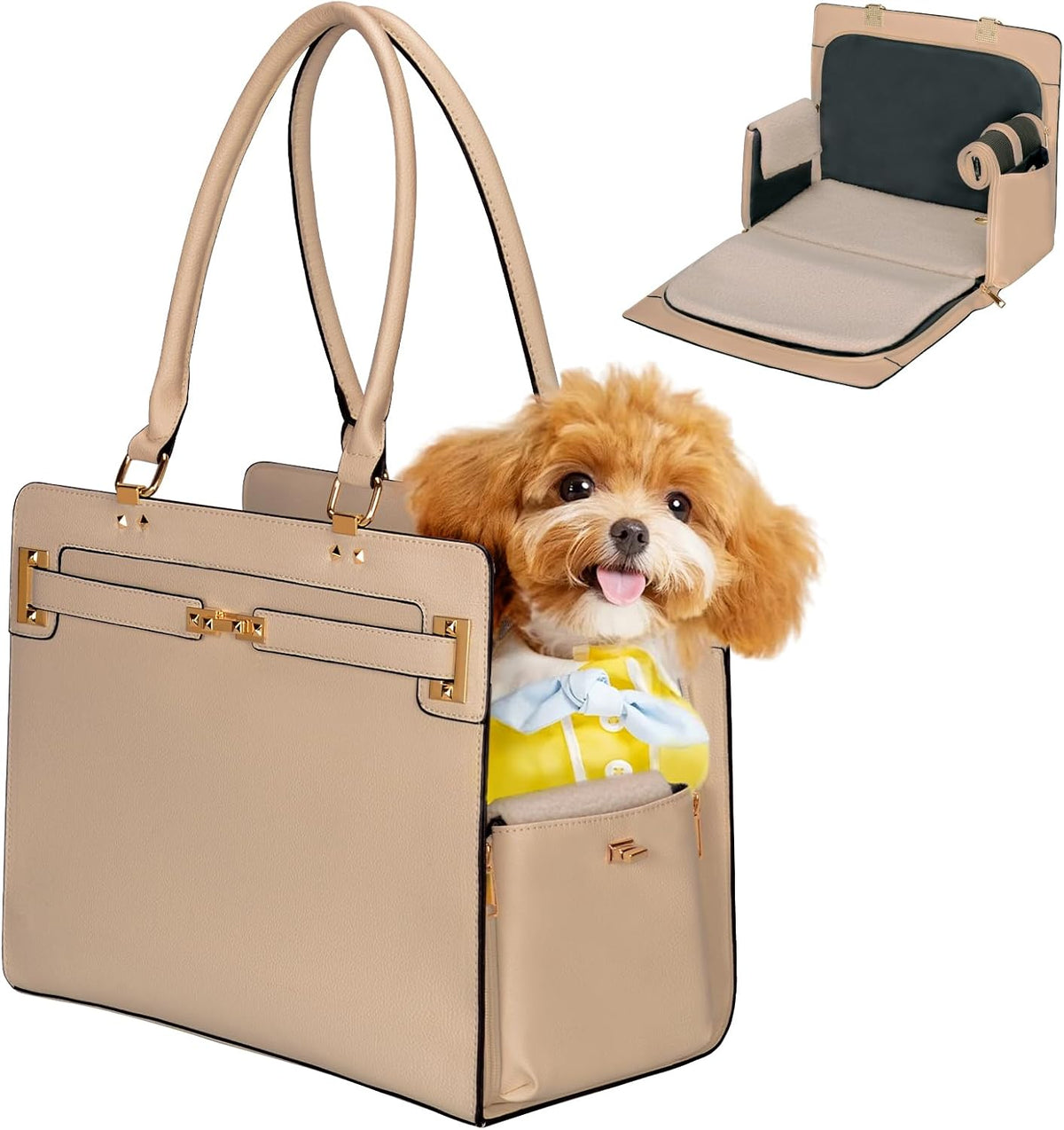 2-in-1 Stylish Dog Purse Carrier Travel Tote Bag for Small Dogs Cats - Khaki / 15" L x 7.5" W x 12.2" H