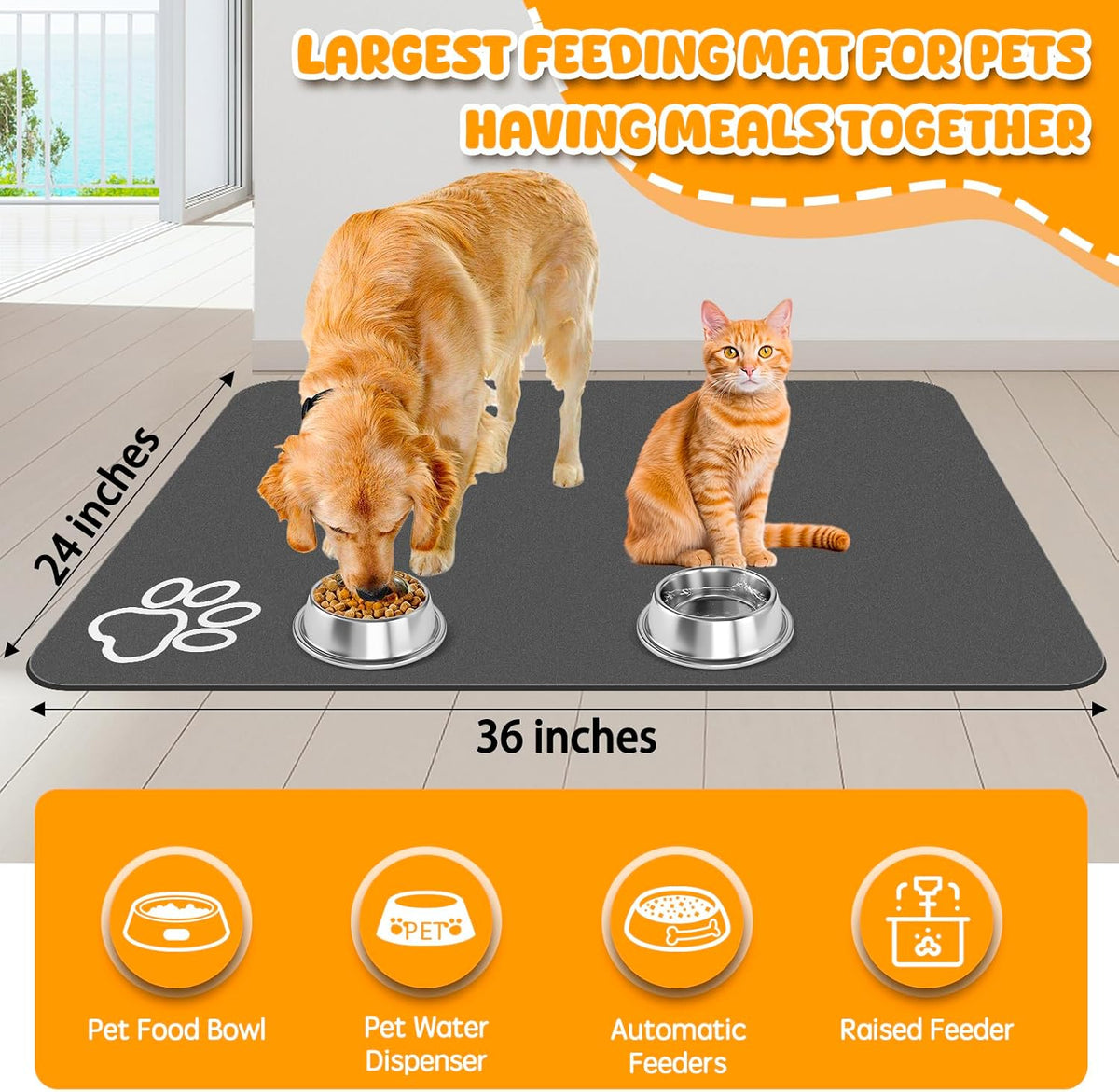 Dog Food Mat, 36" x 24" Extra Large Absorbent Dog Mat for Food and Water, Non Skid Cat Bowl Mat - Dark grey / 36"L x 24"W - image 2