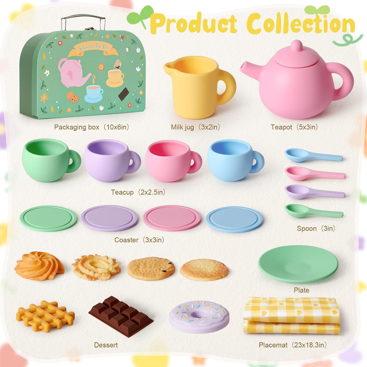 Golray 22-piece silicone tea set for toddlers with teapot, cups, desserts and storage box - view 2