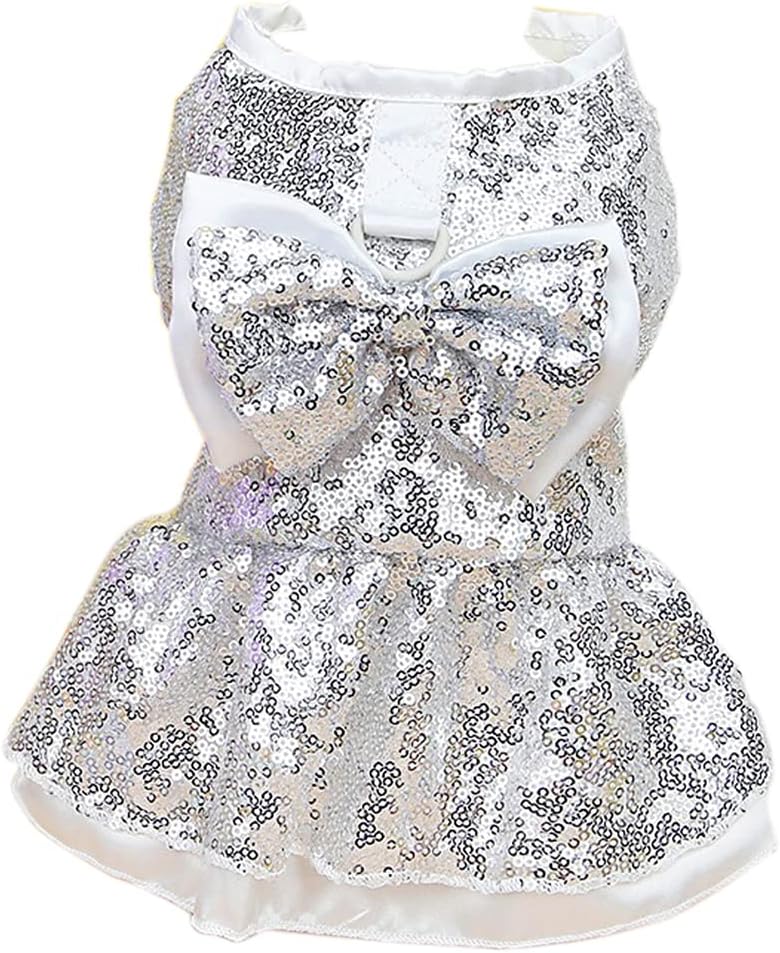 Tangpan Sequins Bow-Knot Pet Dance Dress Dog Christmas Party Dress – Essentials for Dogs - Silver / X-Large