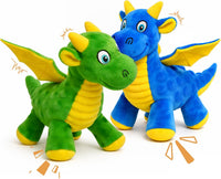 Squeaky Dog Toy, Plush Dragon with 5 Squeakers and Crinkle Wings - Green & Blue