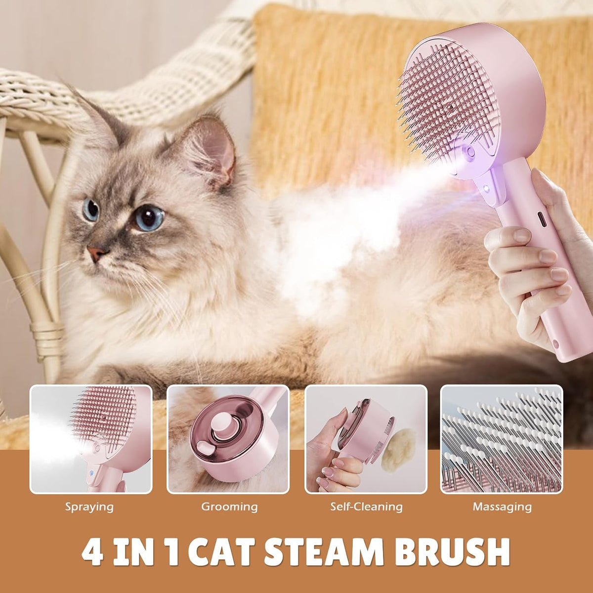 Cat Steam Brush for Indoor Cats - Pink - image 2