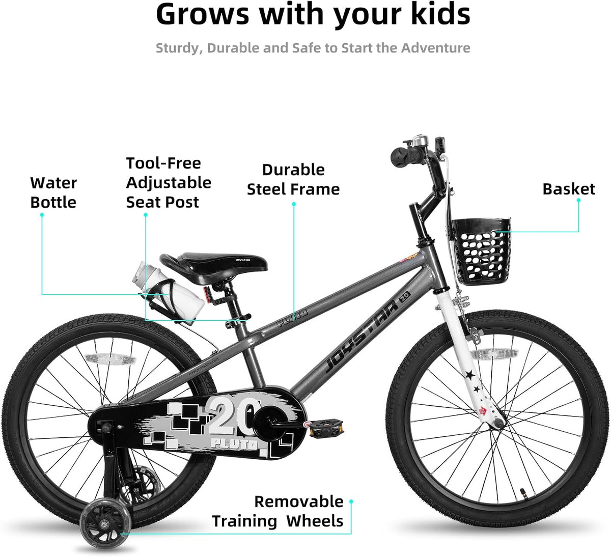 JOYSTAR Pluto 12-20" Kids Bike with Light Up Training Wheels – Fun for Kids & Family - Charcoal / 18 Inch with Flash Training Wheels & Kickstand - image 2