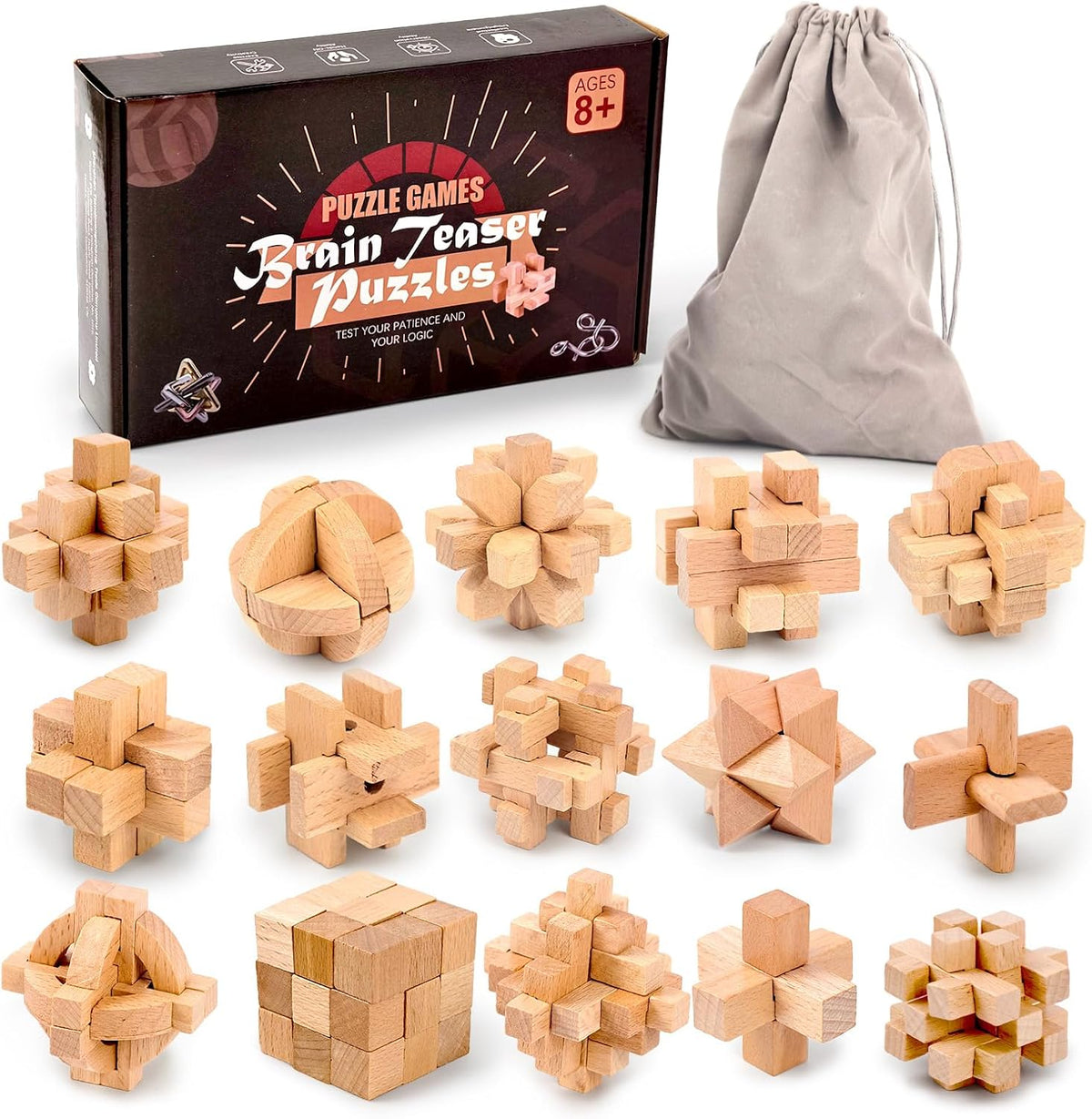 VolksRose 12pcs Wooden Brain Teaser Puzzles - C-15pcs-4.5cm