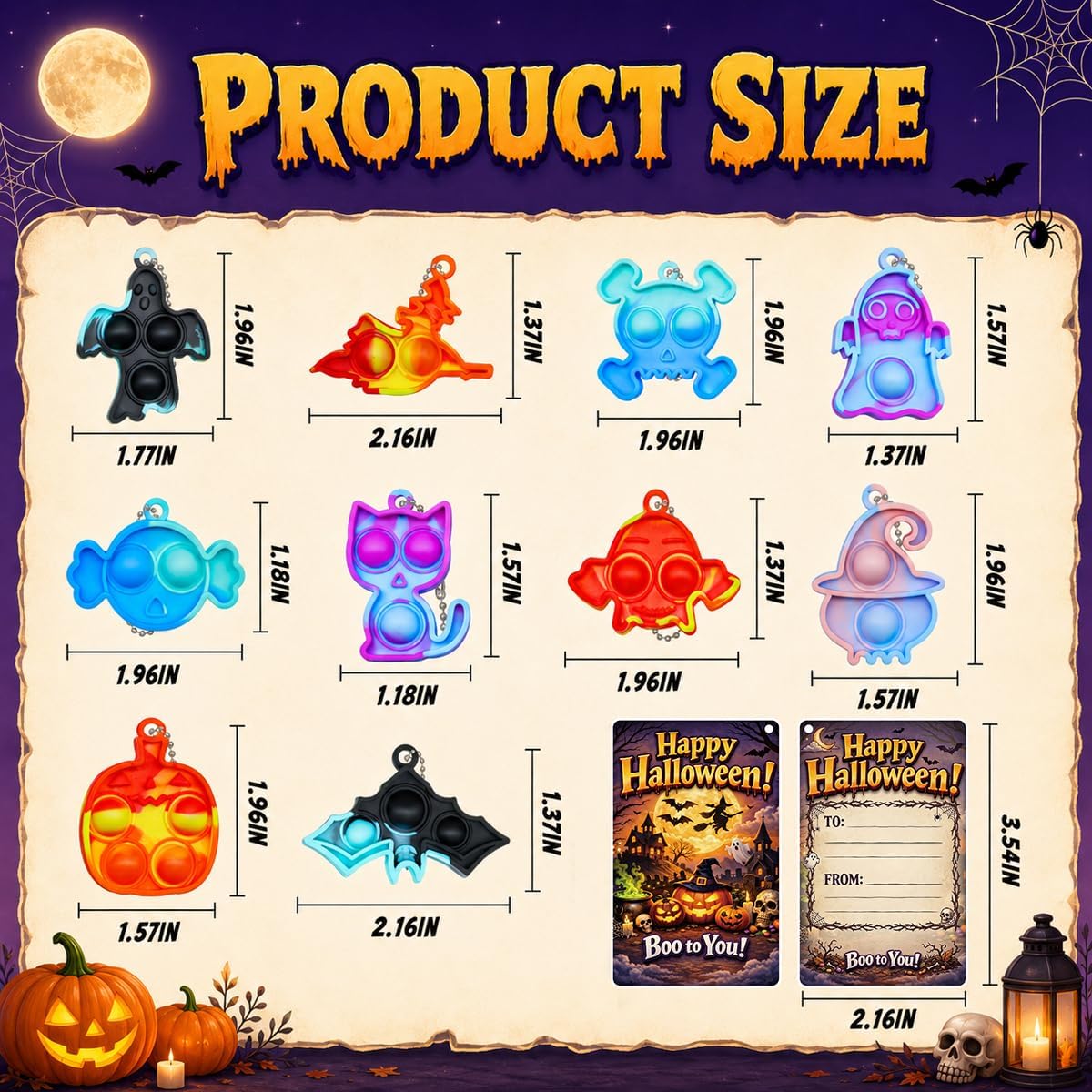 FORLINX mini Halloween pop fidget keychains shaped like cats, pumpkins, ghosts and bats - view 3