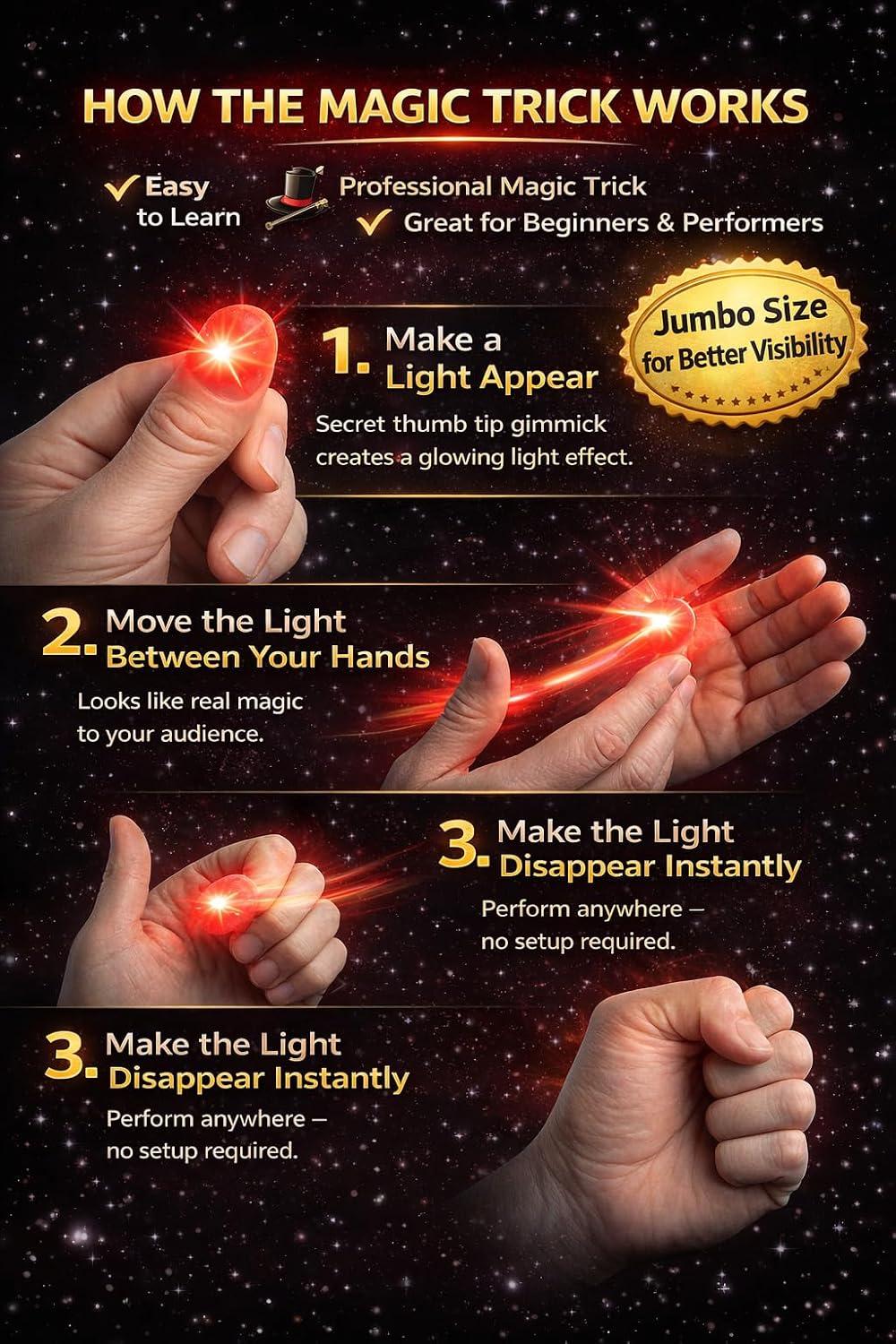 D'lite Magic Thumb Lightup Trick Set / 2 Original Amazing Ultra - Jumbo Red - image 3