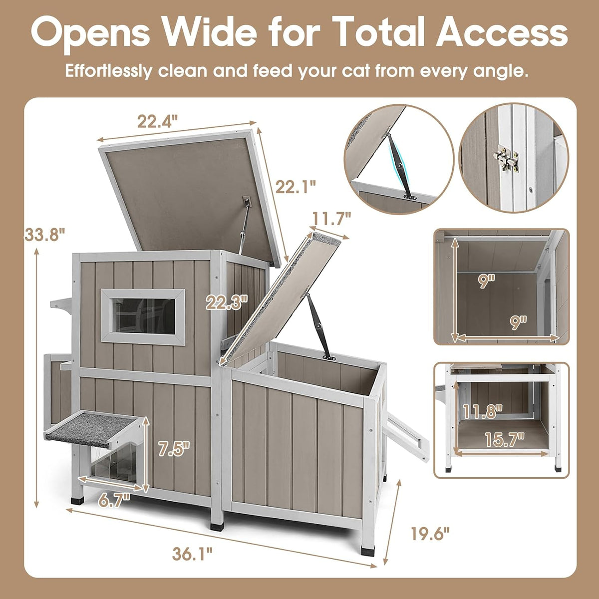 Outdoor & Indoor Wooden Cat House - Feeding Station – 36.1"W - image 4