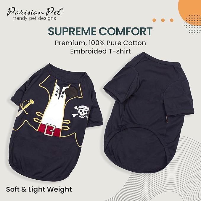 Parisian Pet Captain Sparrow Dog Shirt - Embroidered Pirate Costume - 100% Cotton & Polyester - Sleeved Halloween Outfit - Black Dog Shirt for Small Dogs