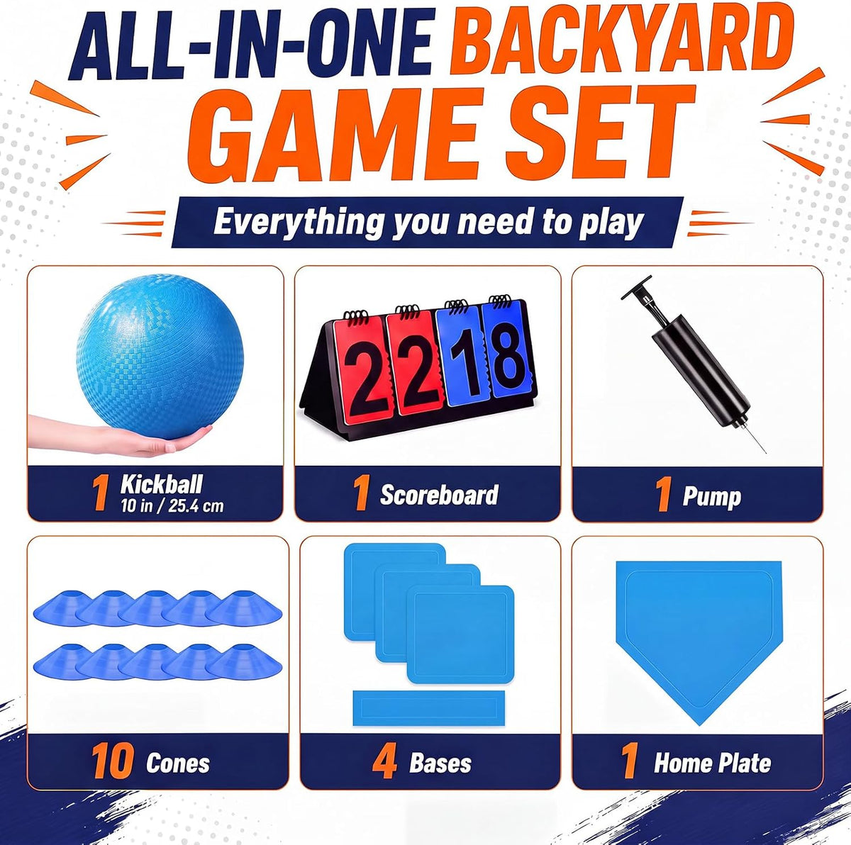 Jenaai blue kickball set with 10 inch ball, rubber bases, cones, scoreboard and pump - view 23