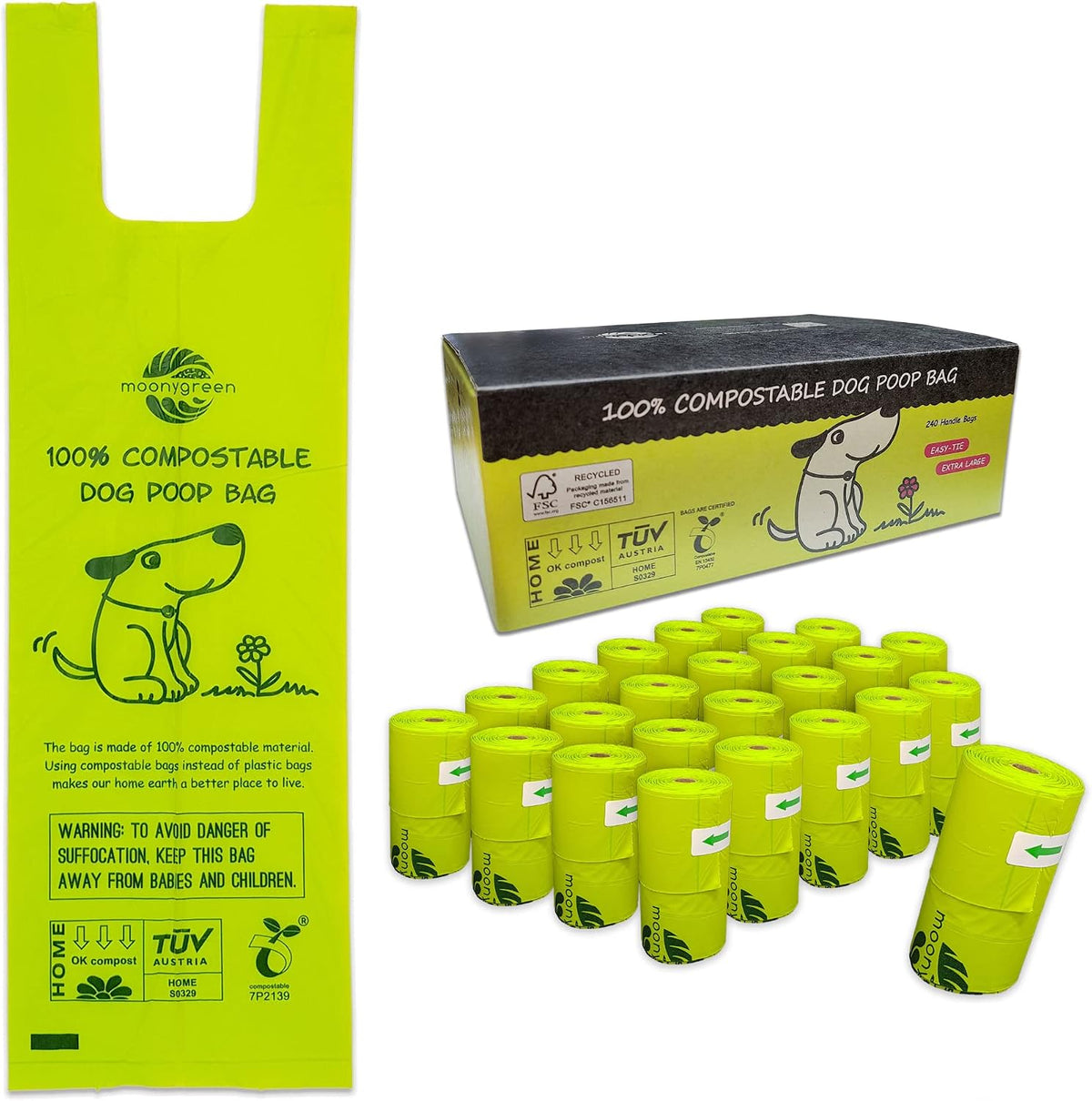 Dog Poop Bag with Handles, Compostable Pet Waste Bags, Easy-Tie - 240 Bags / Poop Bags