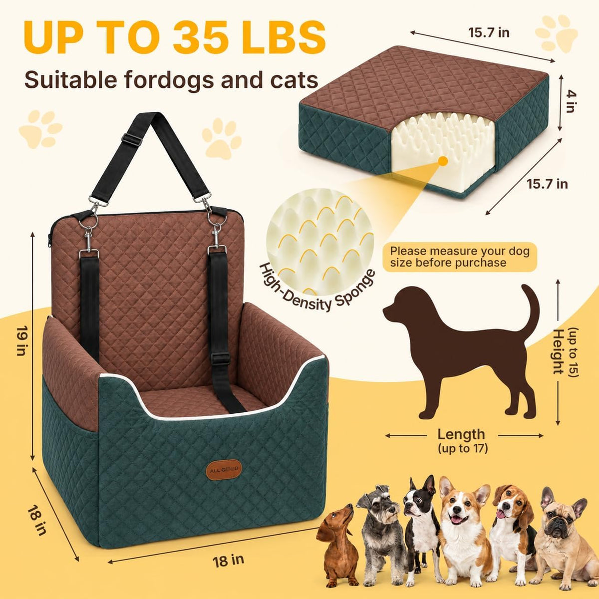 ALL GOOD PET SUPPLIES Dog Car Seat for Small/Medium Dogs Under – Essentials for Dogs - Green/Brown - image 3