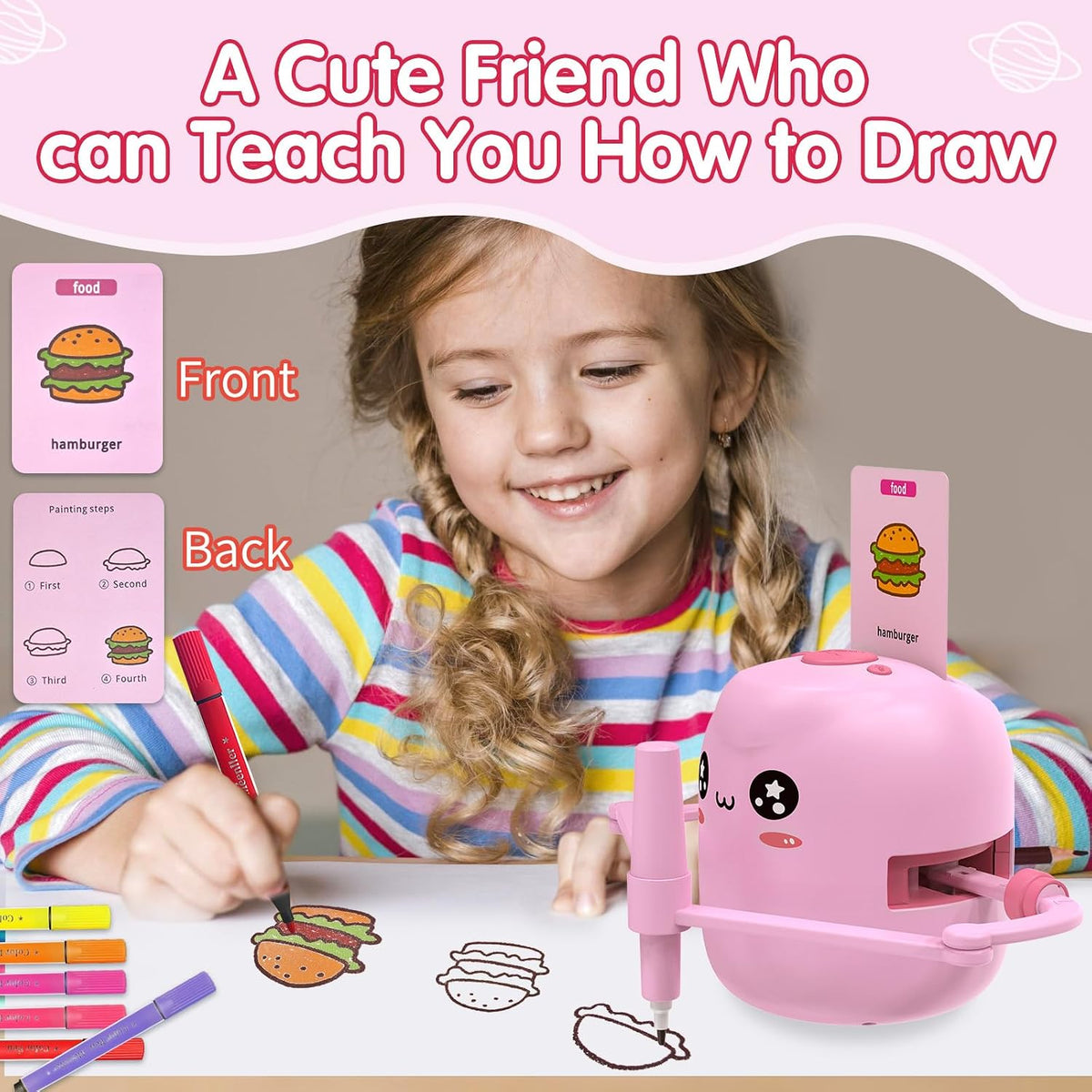 ERYMCS pink drawing robot for kids with picture cards and pens - view 3