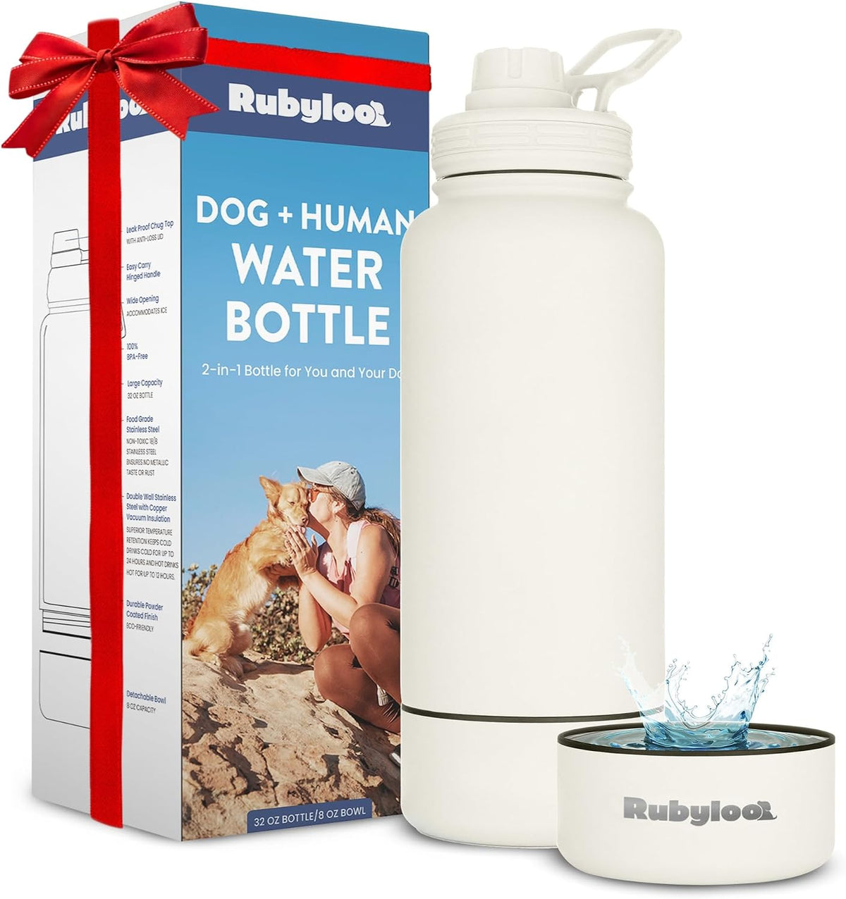 Rubyloo Dog Mom Water Bottle with Detachable Bowl for Dog Lovers – Essentials for Dogs - Solid Cream