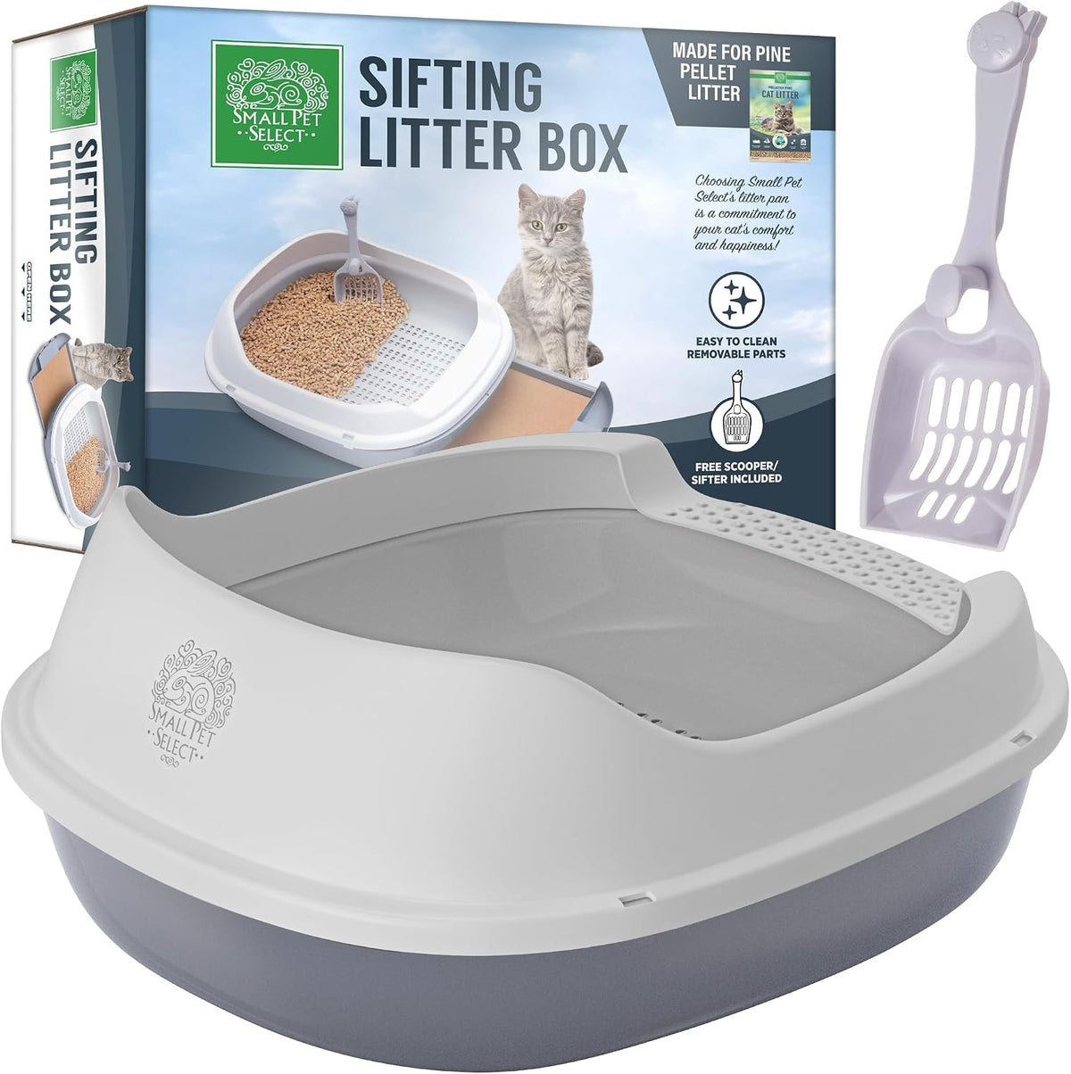 Small Pet Select Sifting Cat Litter Box, with Scoop & 5 Pee Pads – Daily Care for Cats - Sifting Litter Box (No Litter Pellets) / Gray