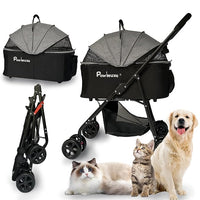 4 Wheels Pet Stroller 4 in 1 Pet Stroller with Detachable Carrier for Small & Medium Dogs Cats up to 55 lbs Easy-Folding Travel Dog Wagon with Car Seat Breathable Mesh,Gray