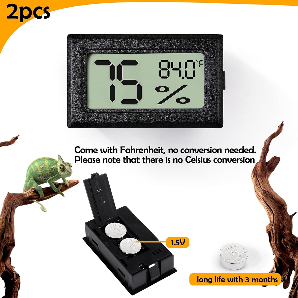 2 PCS Rectangle Reptile Thermometer and Humidity Gauge for Bearded - Black Rectangle - image 3