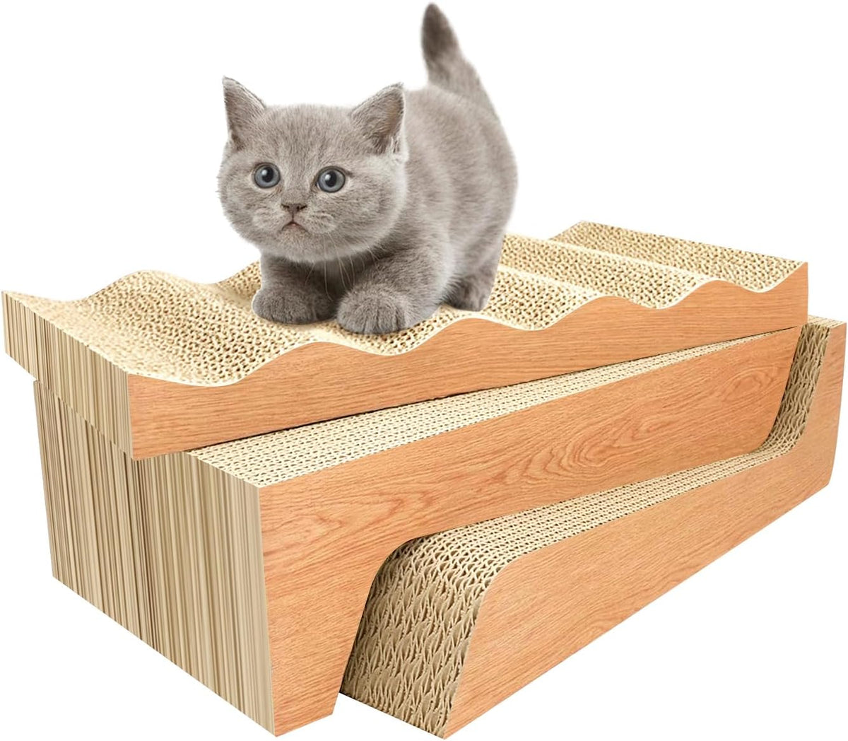 Cat Scratch Pad, 3 Packs Corrugated Cardboards Cat Scratcher Pads for Indoor Cats, Durable - wood(M)