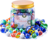 Shindel 125 assorted glass marbles in three sizes with plastic storage jar