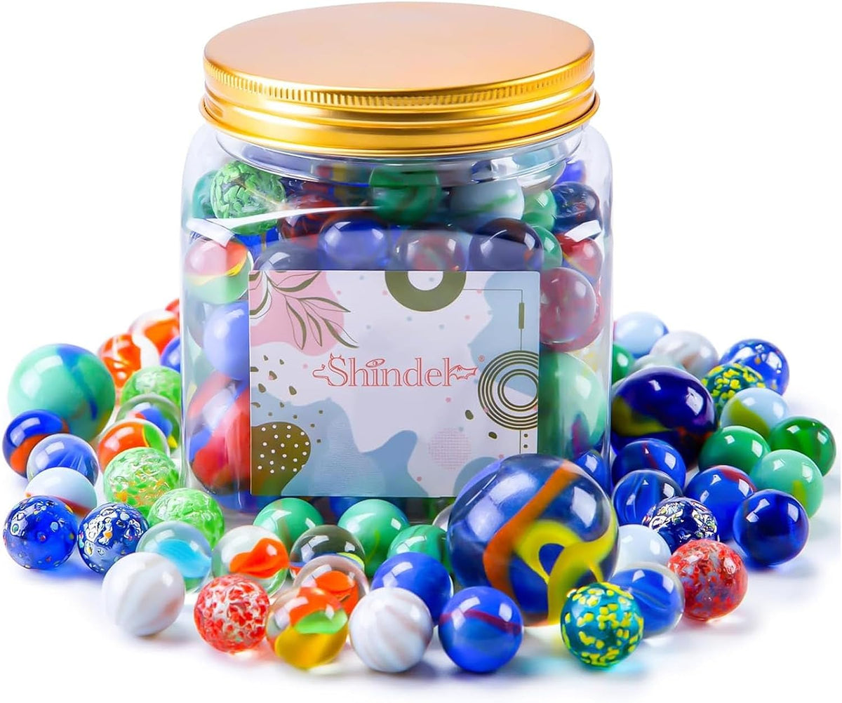 Shindel 125 assorted glass marbles in three sizes with plastic storage jar