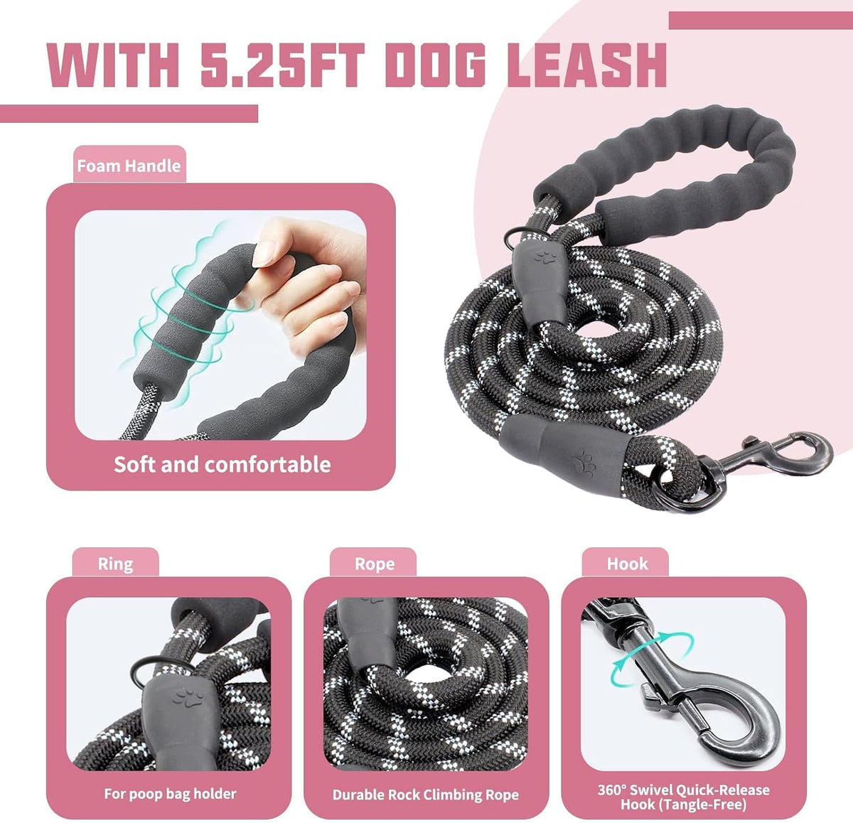 AUROTH Dog Harness for Large Dogs No Pull Tactical Harness and Leash - Pink / XL(Neck:24"-32.7",Chest:31.9"-43.7") - image 3