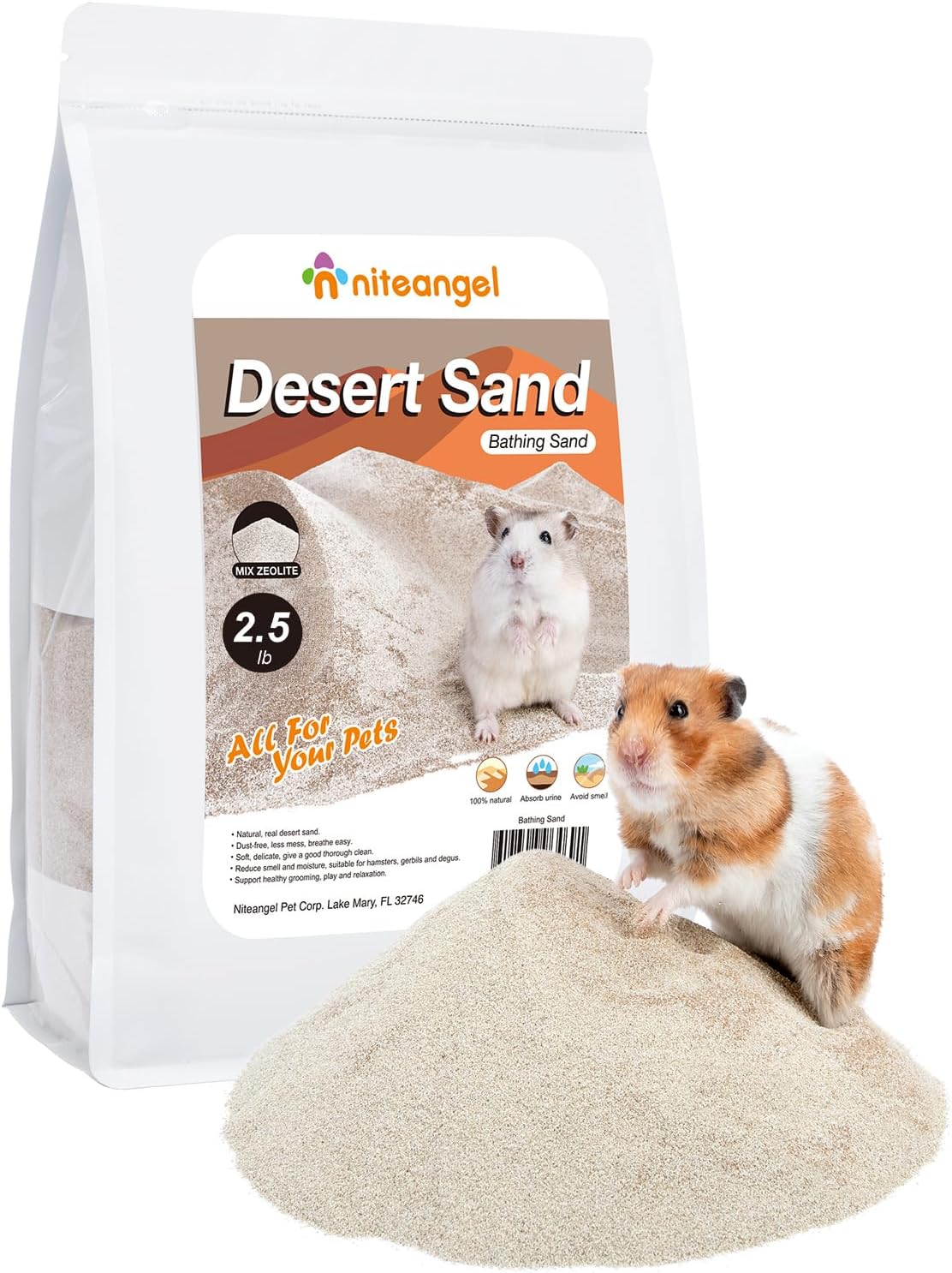 Niteangel Hamster Desert Bath Sand: 2.5lb/40oz No-Dust Bath & Easy - 2.5LB/40oz / Desert Sand & Zeolite Particles