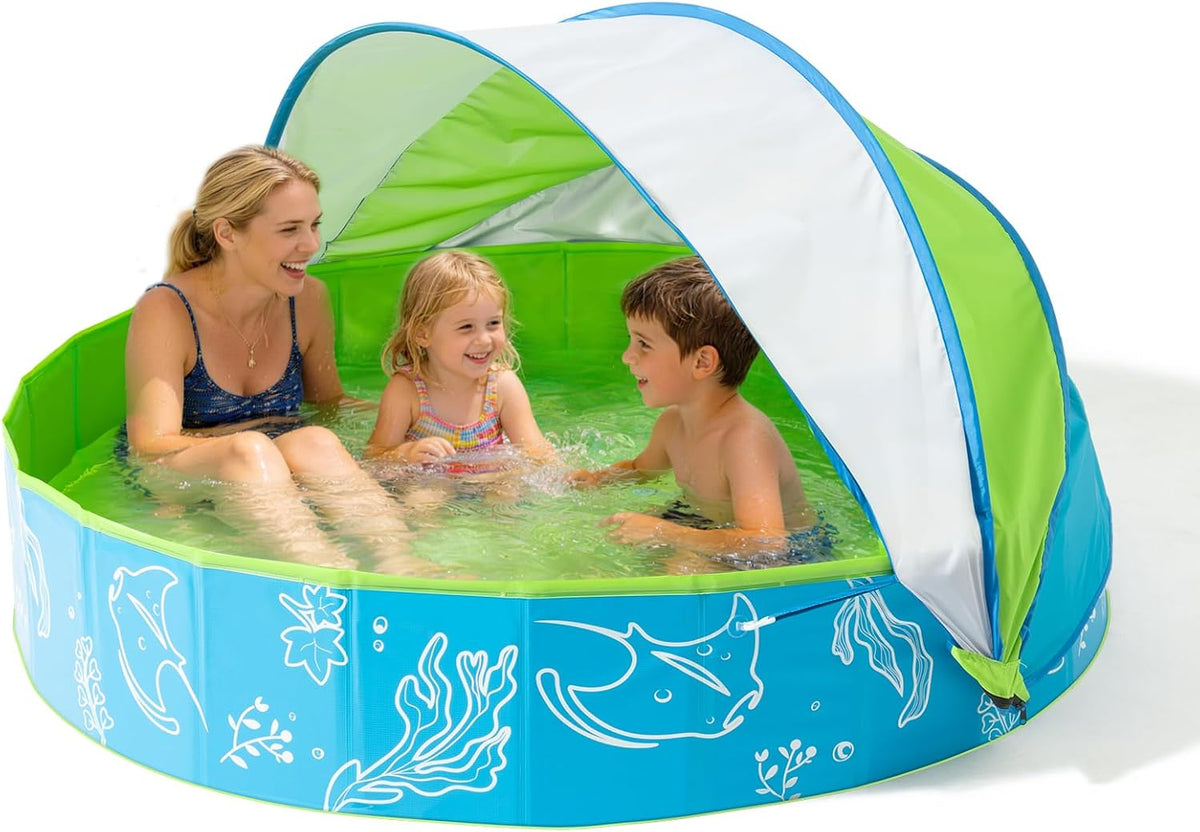 Hikiddy Foldable Kiddie Pool with Canopy: Baby Infant Toddler Kids - Blue-green / 63in