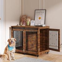 IchbinGo Large Dog Crate Furniture, 47" Wooden Dog Kennel with Sliding Barn Door, Flip-Top Lid & Wheels, Indoor Pet Crate Table with Detachable Divider for Small/Medium/Large Dogs (Rustic Brown)