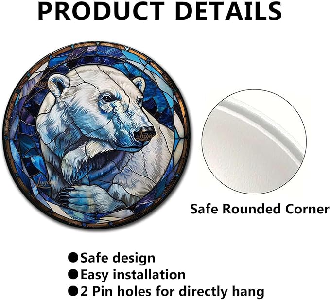 Lygond Metal Sign Tin Sign Circular Stained Glass Polar Bear2 Funny Sign For Garage 8×8 Inches