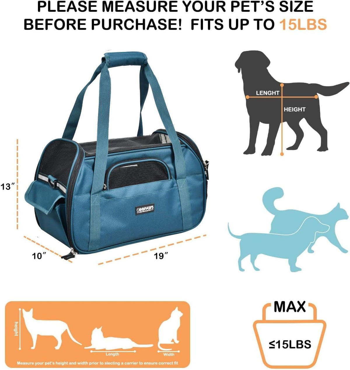 JESPET Soft-Sided Airline-Approved Dog & Cat Carrier Travel Bag – Essentials for Cats - 19.0"L x 10.0"W x 13.0"H / Teal Blue - image 2