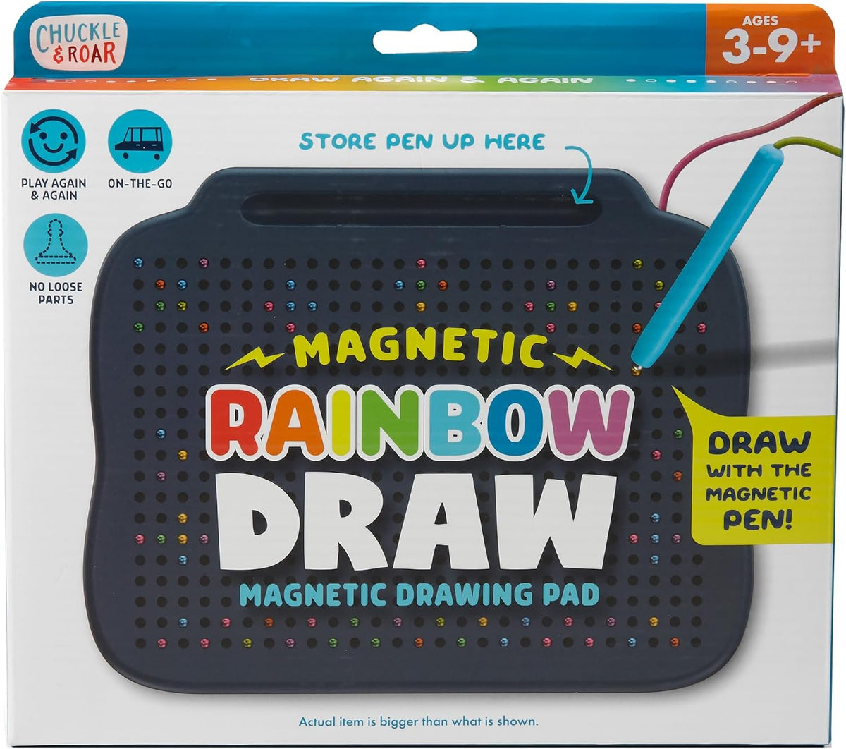 Chuckle and Roar rainbow magnetic drawing board for kids with tethered pen