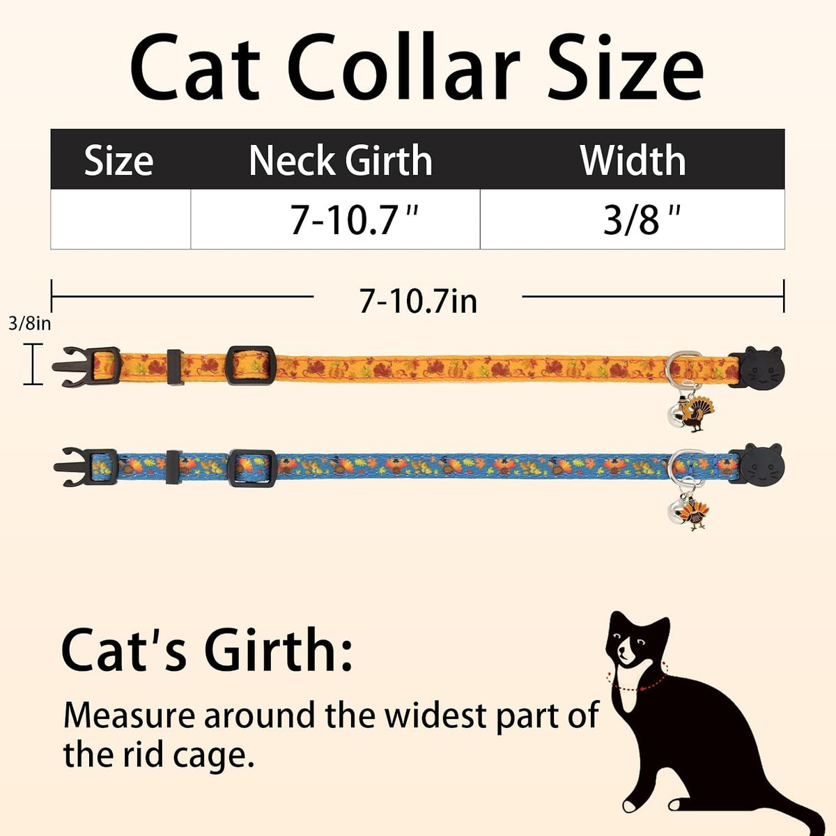 Halloween Cat Collar, Cotton 2 Pack Cat Collar with Bells - Thankgiving / 7-11'' - image 4