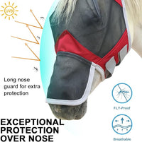 Horse Fly Mask with Ears & Long Nose Cover | Forelock Opening for Tangle-Free Mane Care | UV Protection & Breathable Mesh | No Rub Fit and Enhanced Visbility for Trail Riding Red Full