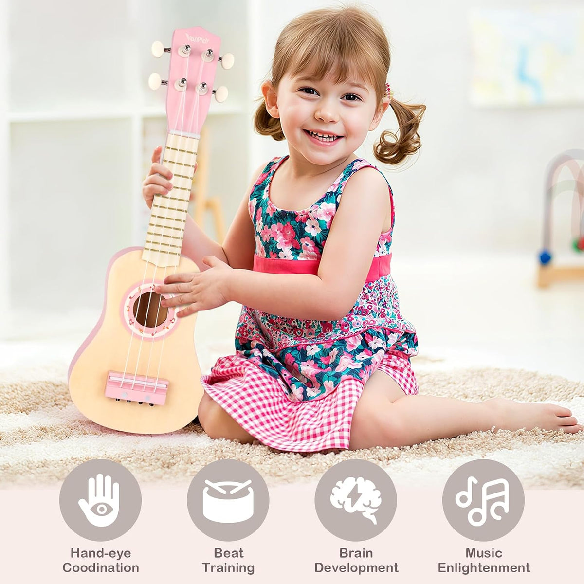 Vanplay Kids Guitar Set, 7-Piece Wooden Musical Instruments for Toddler 2-3 – Fun for Kids & Family - Pink - image 4