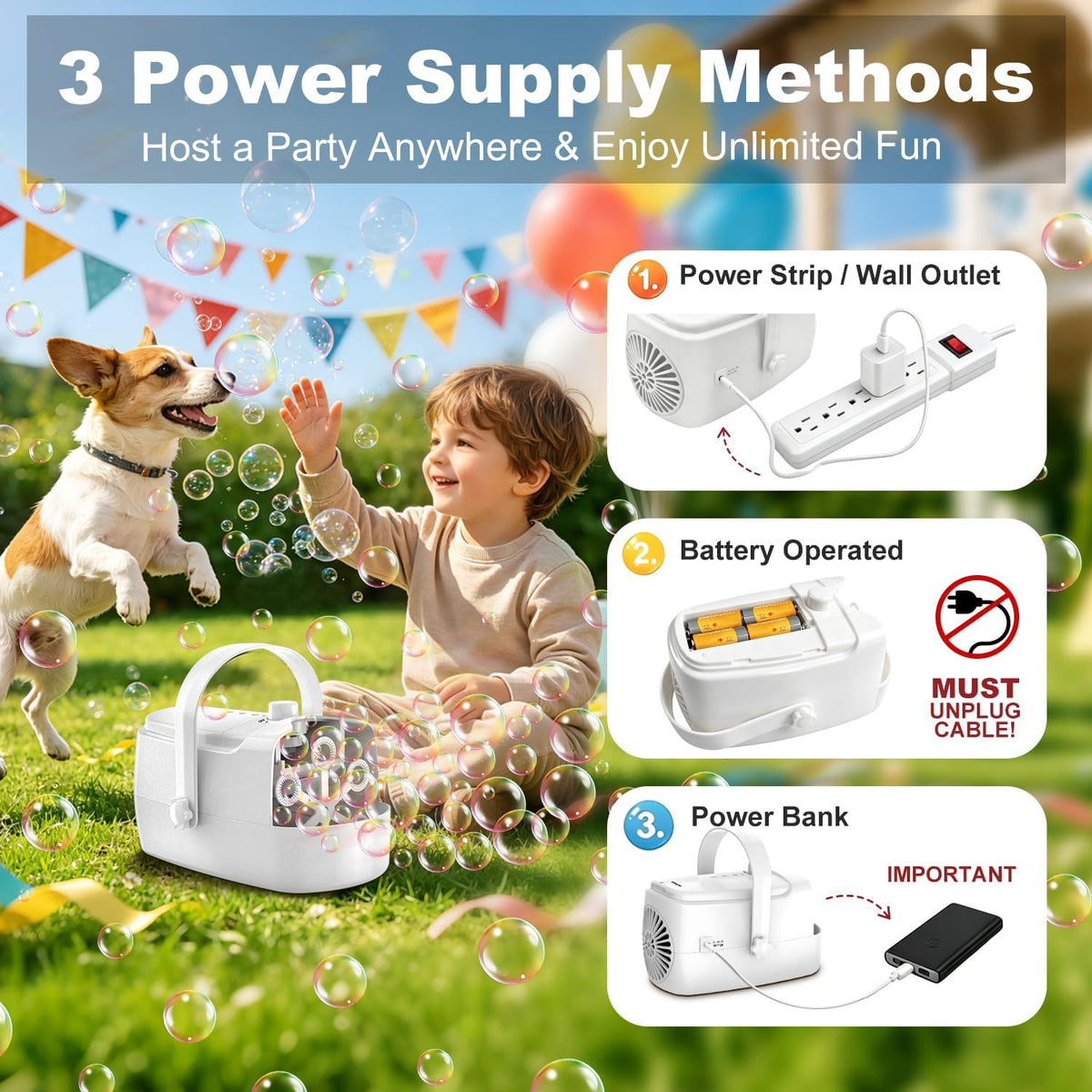 Zerhunt Durable Bubble Machine for Party: 3 Power Modes for Non-Stop - White - image 2