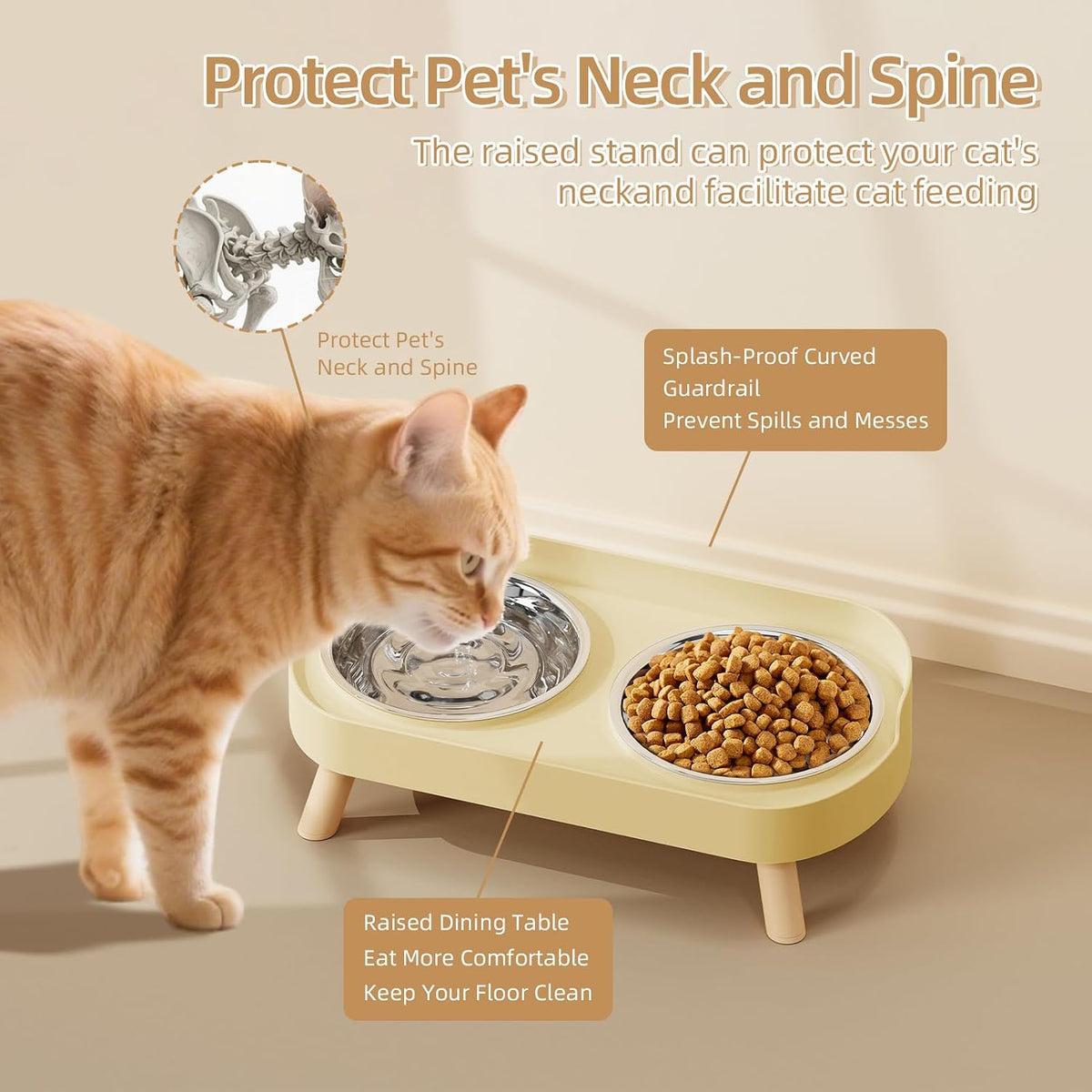 Elevated Cat Bowl, Raised Cat Food and Water Bowl Set for Indoor Cats, Splash Proof with 2 - Cat Bowls-Yellow - image 3