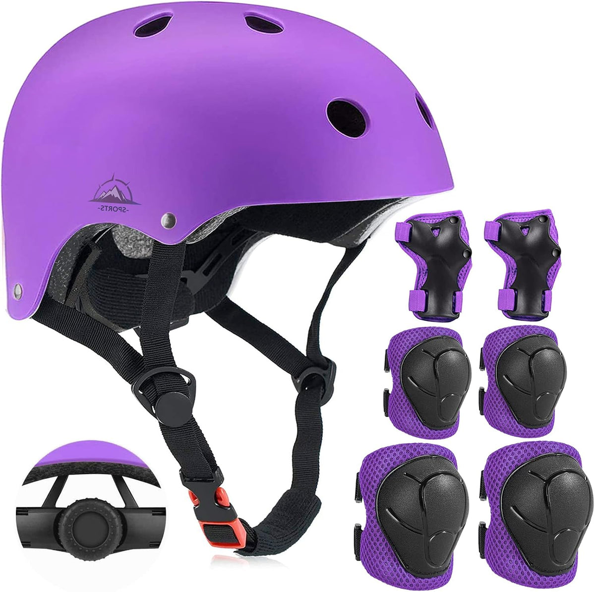 Adjustable Kids Helmet with Knee Pad, Elbow Pads & Wrist Guards - purple / Medium( 8-14 years )