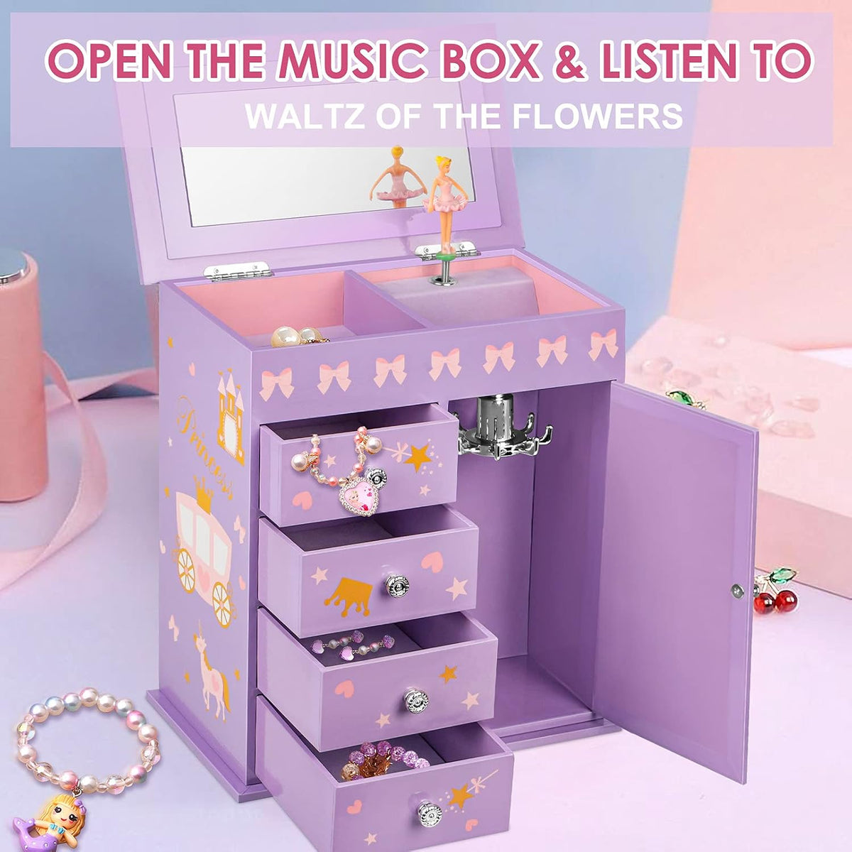 Jewelry Box for Girls 5-Layer with Swing Door Spinning Ballerina - Purple - image 2