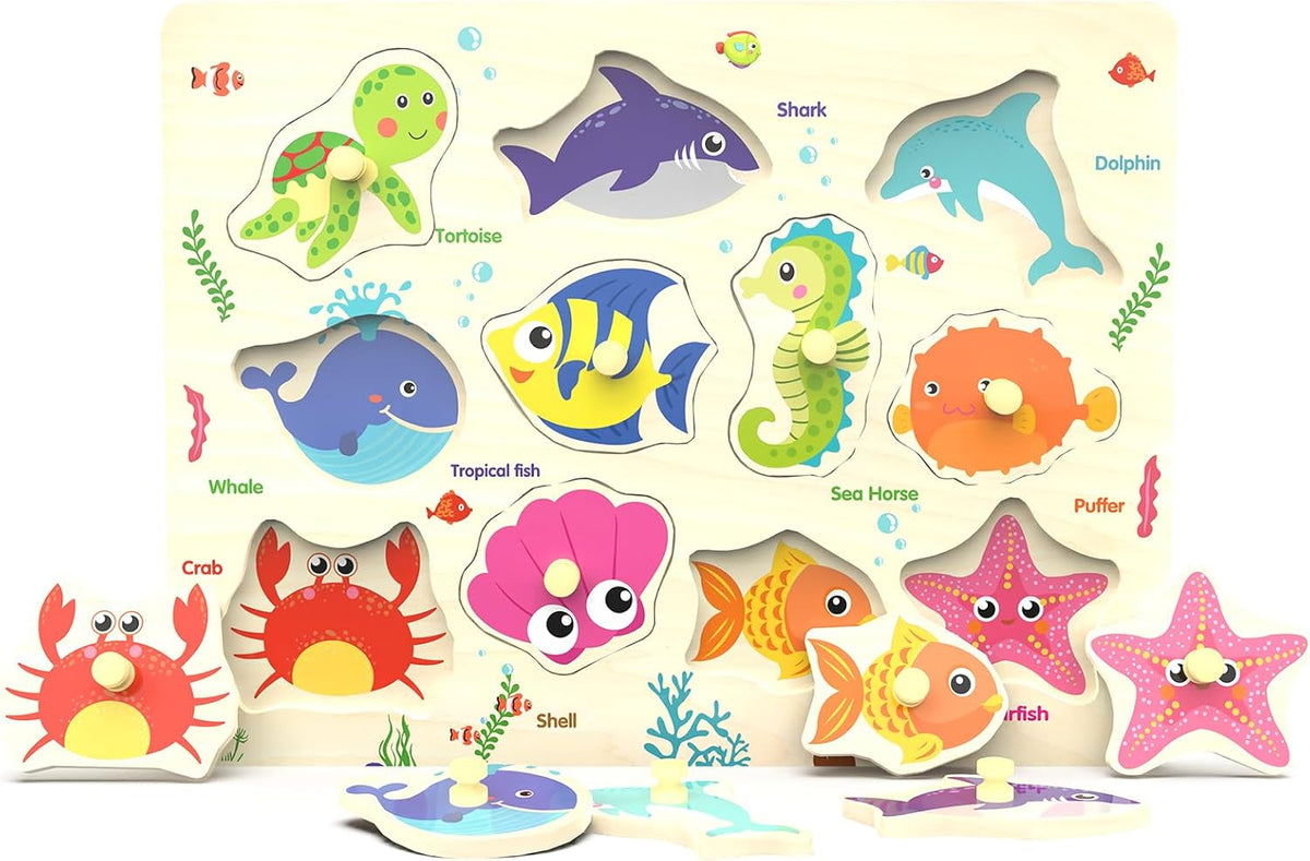 Wooden Peg Puzzle, Sea Creature Chunky Kids Puzzles