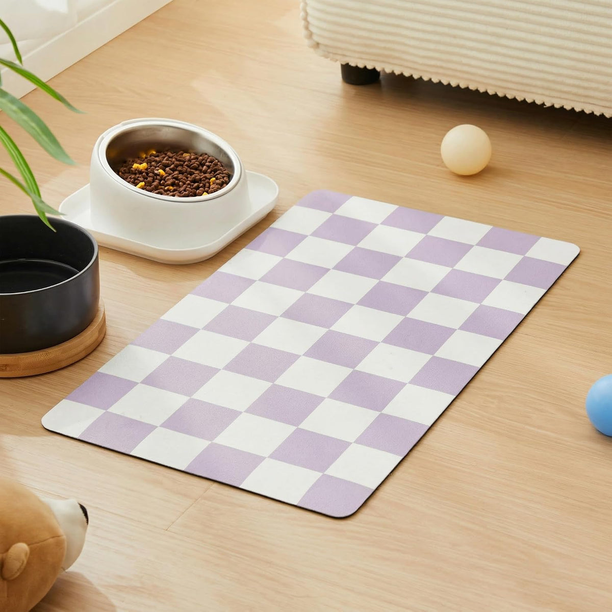 Checkered Dog Feeding Mat - 24"L x 16"W / Purple