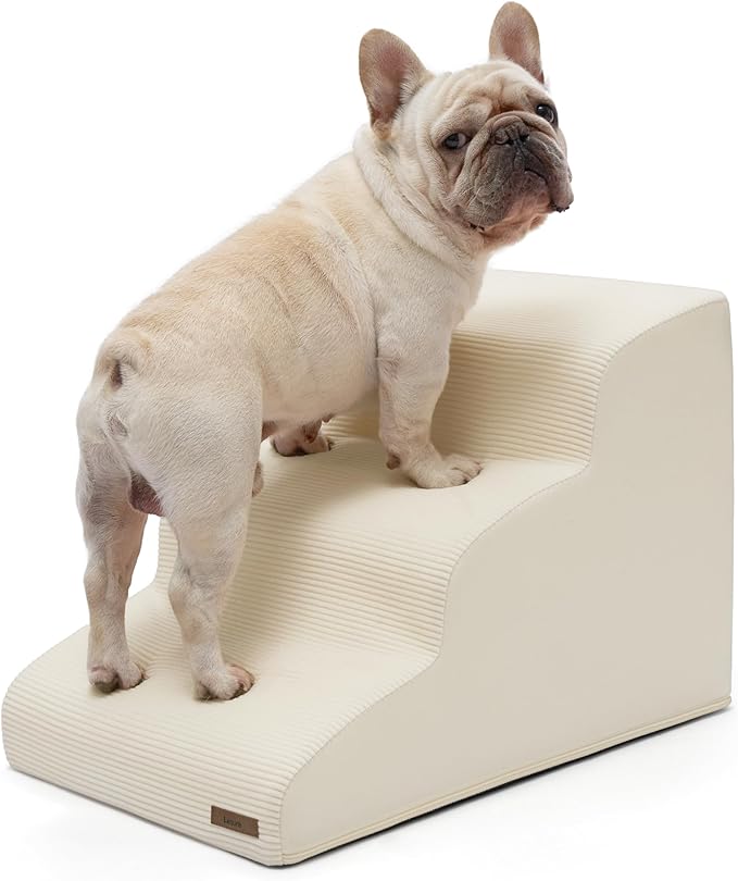 Lesure Dog Stairs for Small Dogs and Cats Pet Steps Ramp for Bed and Couch with CertiPUR-US Certified Foam with Non-Slip Bottom, Beige, 3 Steps