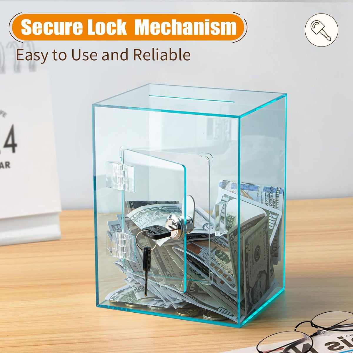 Hicocool Clear Acrylic Piggy Bank with Lock & Key - Cyan - image 2