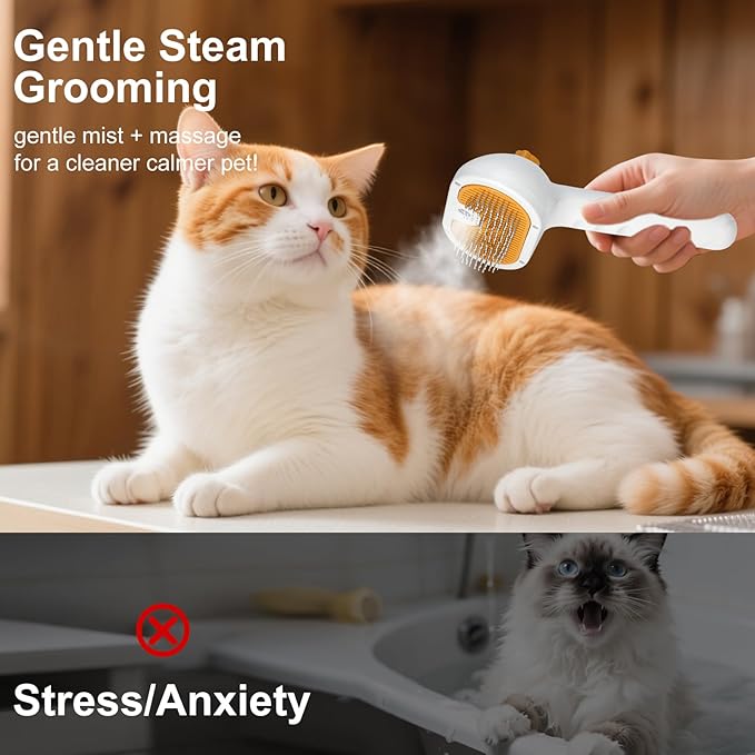 Pet Steam Brush for Dog & Cat - 3-in-1 Steam Grooming Brush for Shedding & Hair Removal - Self Cleaning Spray Comb with Mist for Long Haired Pets, Yellow