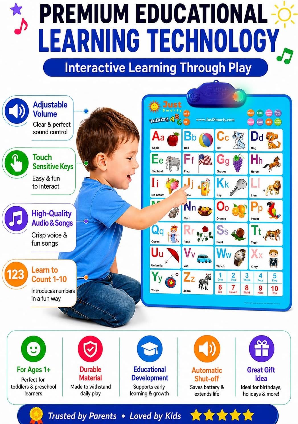 Just Smarty Interactive Alphabet Wall Chart, ABC & 123's, Blue – Fun for Kids & Family - ABCs and 123s - Blue with Light - image 3