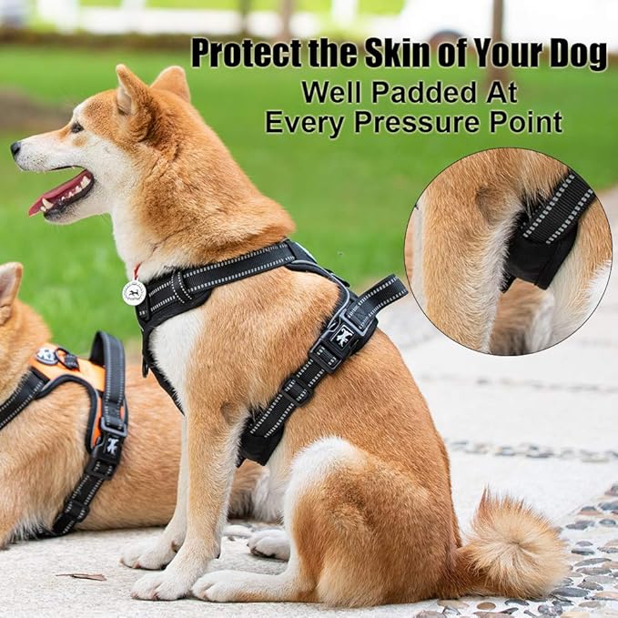 PoyPet No Pull Dog Harness, Reflective Comfortable Vest Harness with Front & Back 2 Leash Attachments and Easy Control Handle Adjustable Soft Padded Pet Vest for Small to Large Dogs (Black,XL)