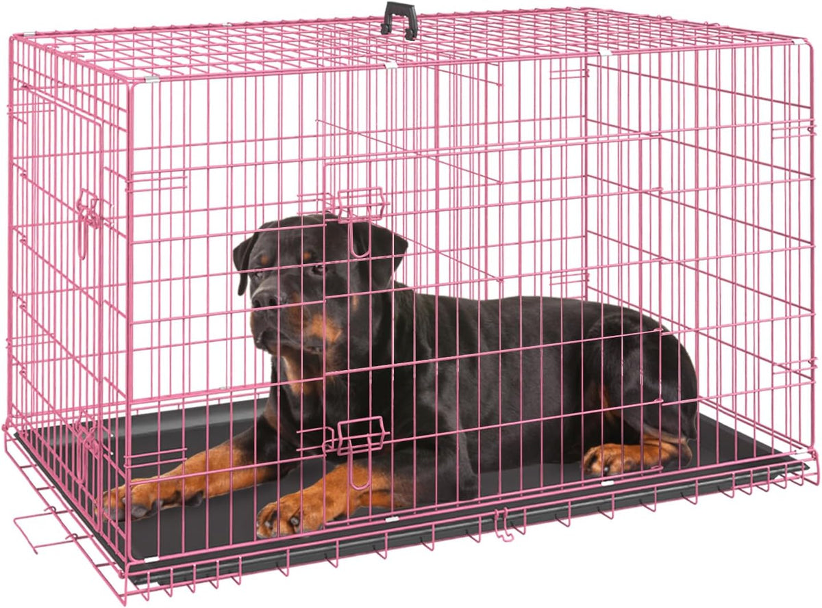 FDW, 48" Foldable Metal Dog Crate, Cage for XL Dogs - Pink / 42 Inch Double Door