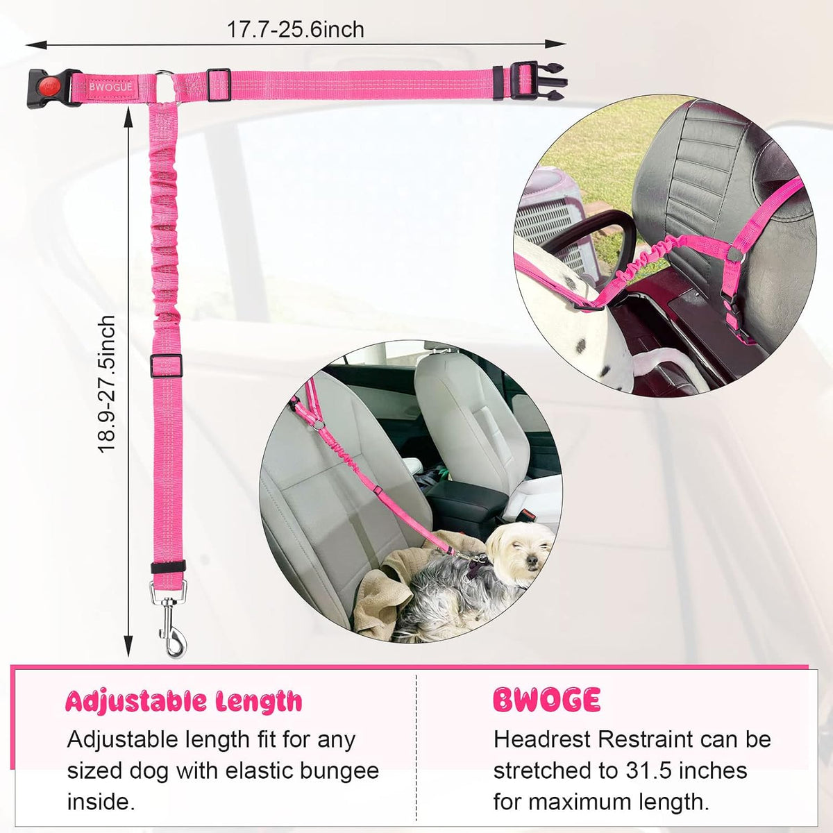 2 Pack Dog Seat Belt for Car, Headrest Restraint Safety Leads – Essentials for Dogs - Pink / Elastic - image 2