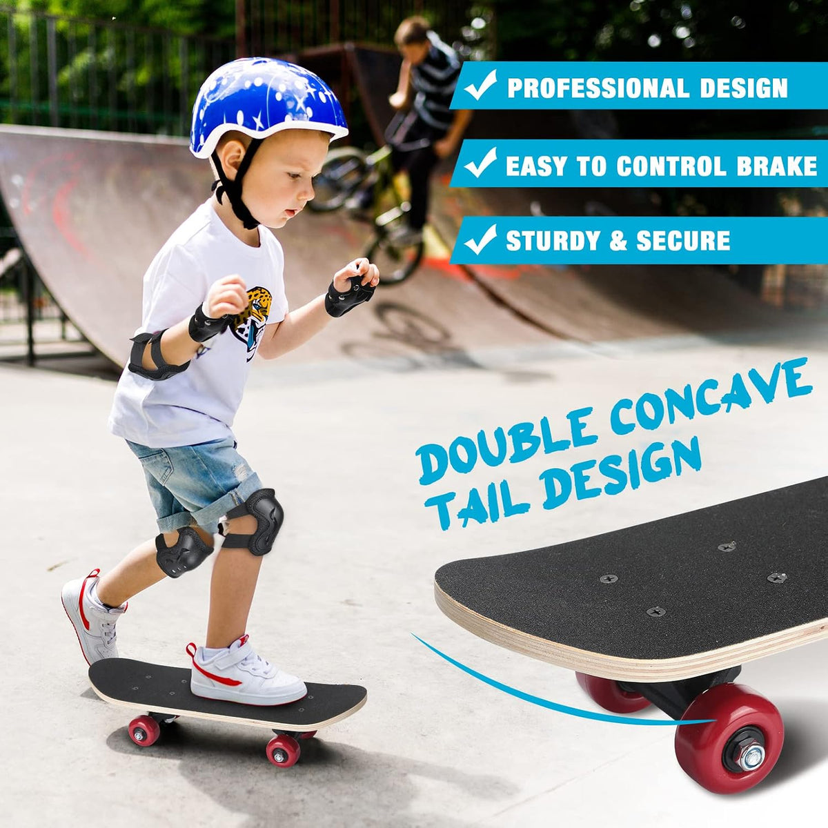 Honoson kids skateboard set with dinosaur print maple deck and black knee pads, elbow pads and wrist - view 36