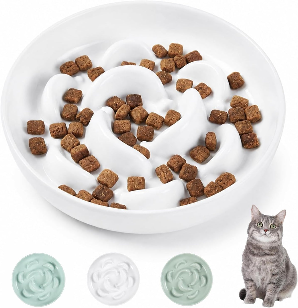 Melamine Slow Feeder Cat Bowls, Dishwasher Safe - White / 2"H