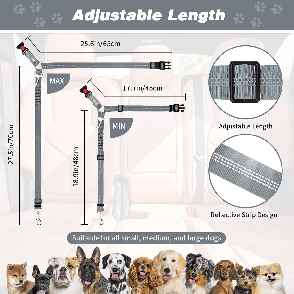 2 Pack Dog Seat Belt for Car, Headrest Restraint Safety Leads – Essentials for Dogs - Grey / Elastic(With Buckle) - image 2
