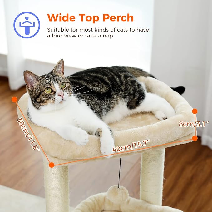 PEQULTI Cat Tree Cat Tower for Indoor Cats with Private Cozy Cat Condo, Natural Sisal Scratching Posts and Plush Pom-pom for Small Cats,Beige